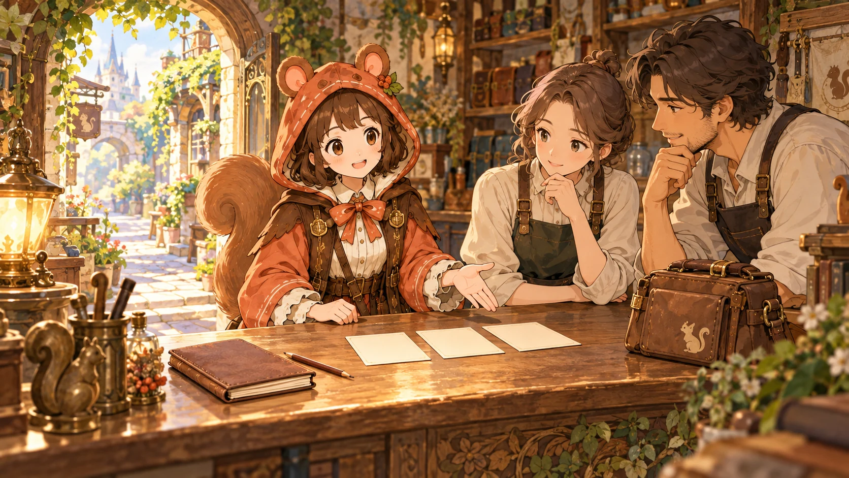 ミアと二人の店員が、修理店の受付で説明の仕方を相談している。