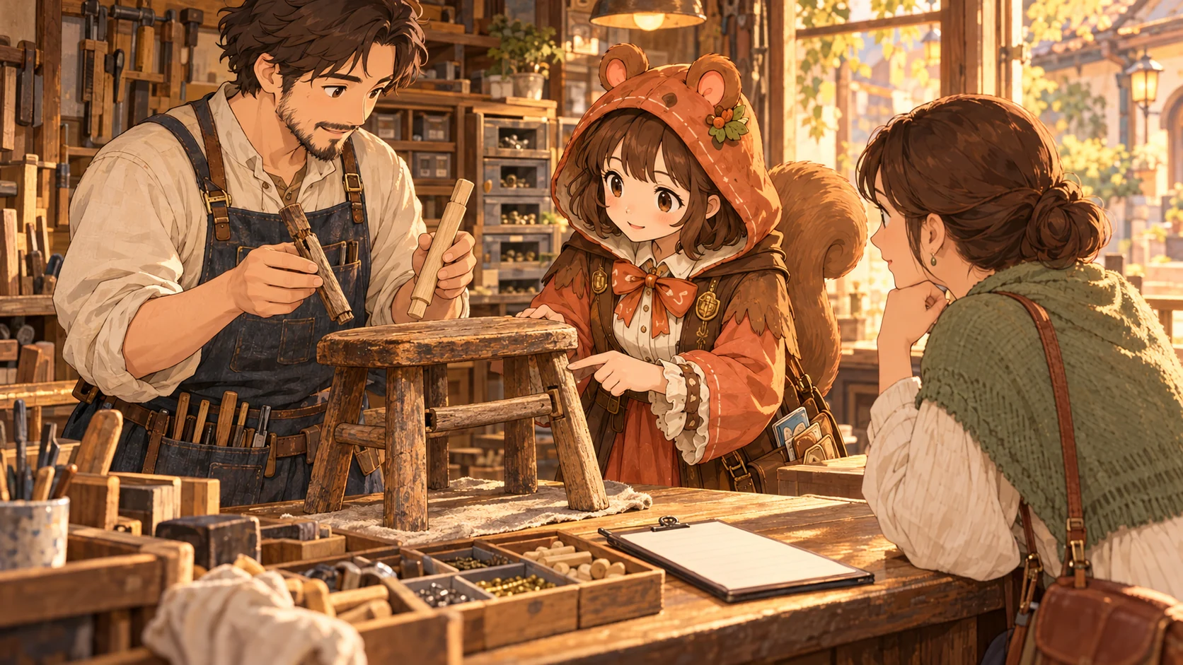 修理店でミアと作り手が、客に古いスツールの部品と交換候補を説明する架空のイラスト