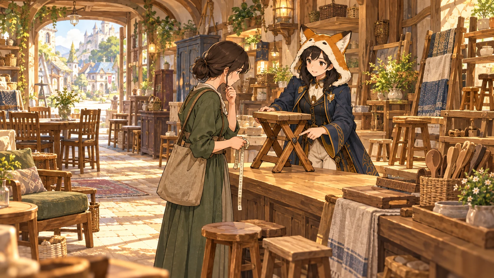レイが家具店のカウンターで折り畳み椅子の構造を客に説明する架空のイラスト
