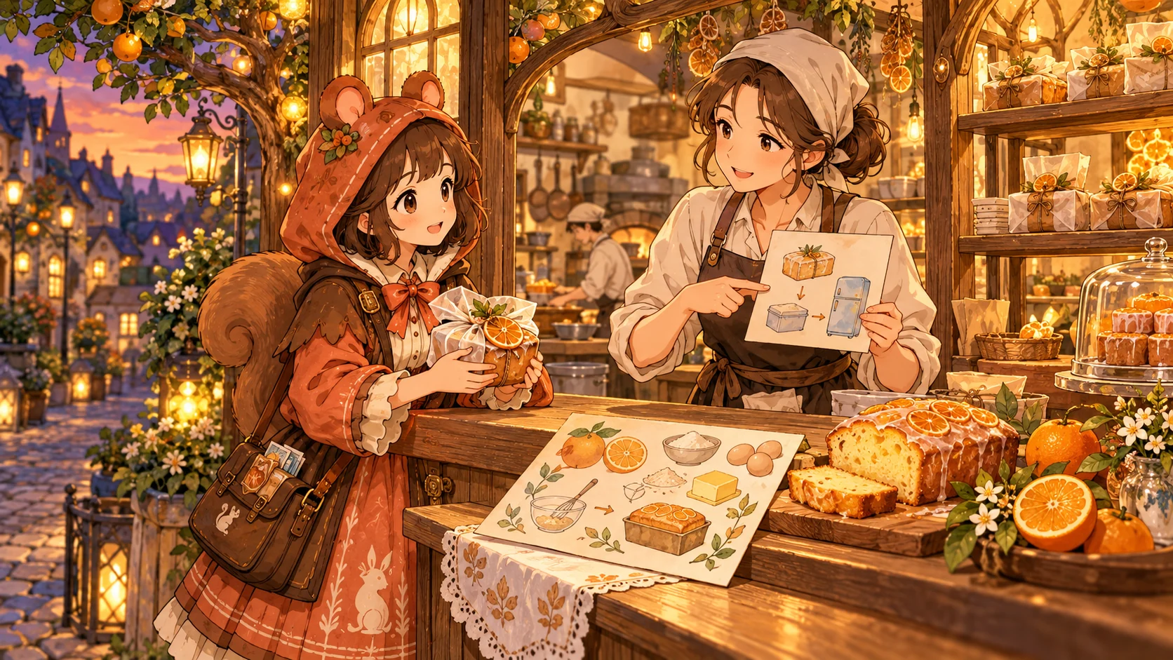 柑橘ケーキを受け取り、保存方法を店員と確認するミア
