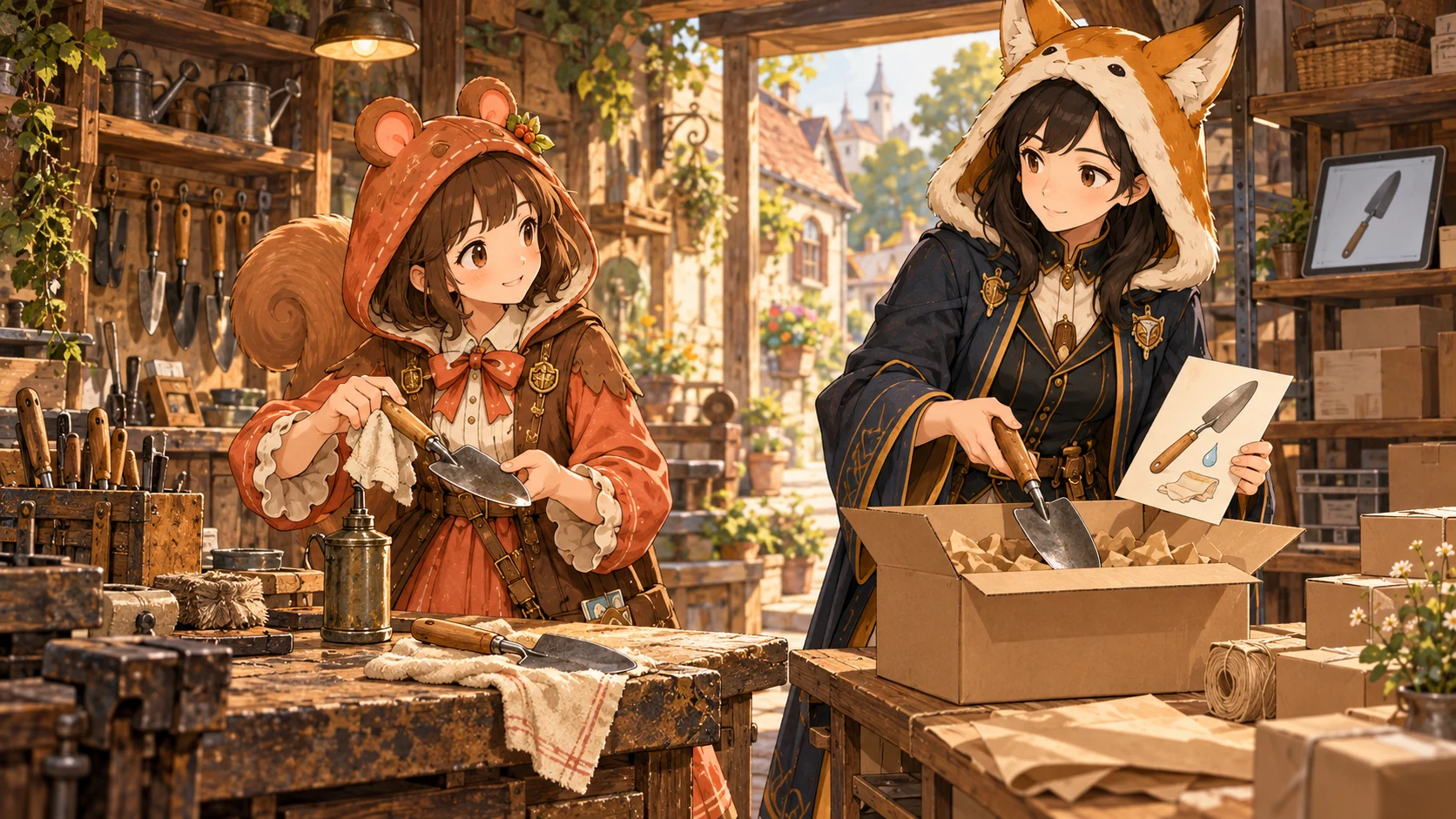ミアが道具の手入れを続ける横で、レイが同じ道具と手入れの案内を配送用の箱に入れる架空のイラスト