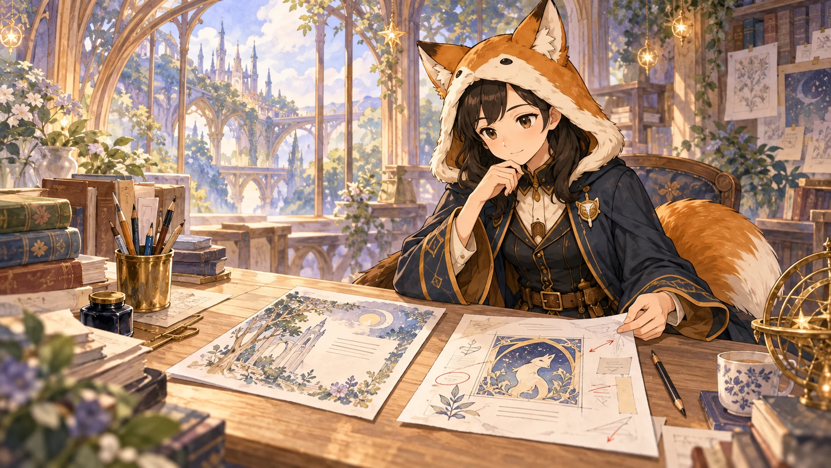 レイが、描き下ろしの表紙案と修正を書き込んだ別の試作を見比べている。