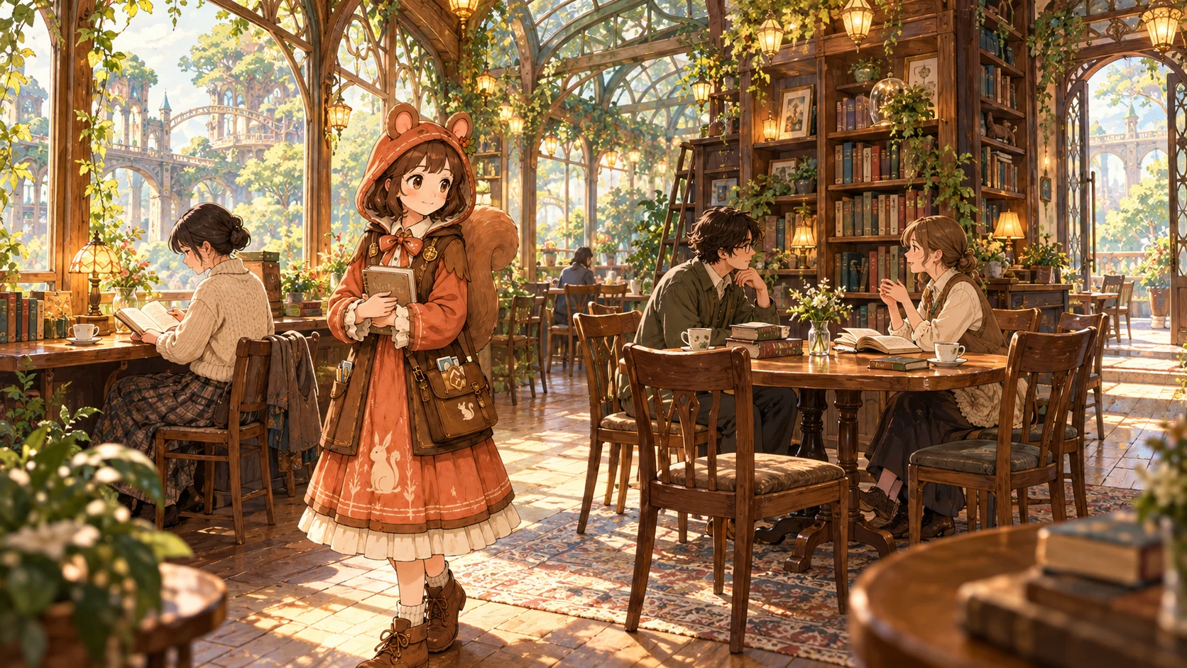 一人で読む人と静かに話す二人が過ごす喫茶読書室で、ミアがノートを抱えている。