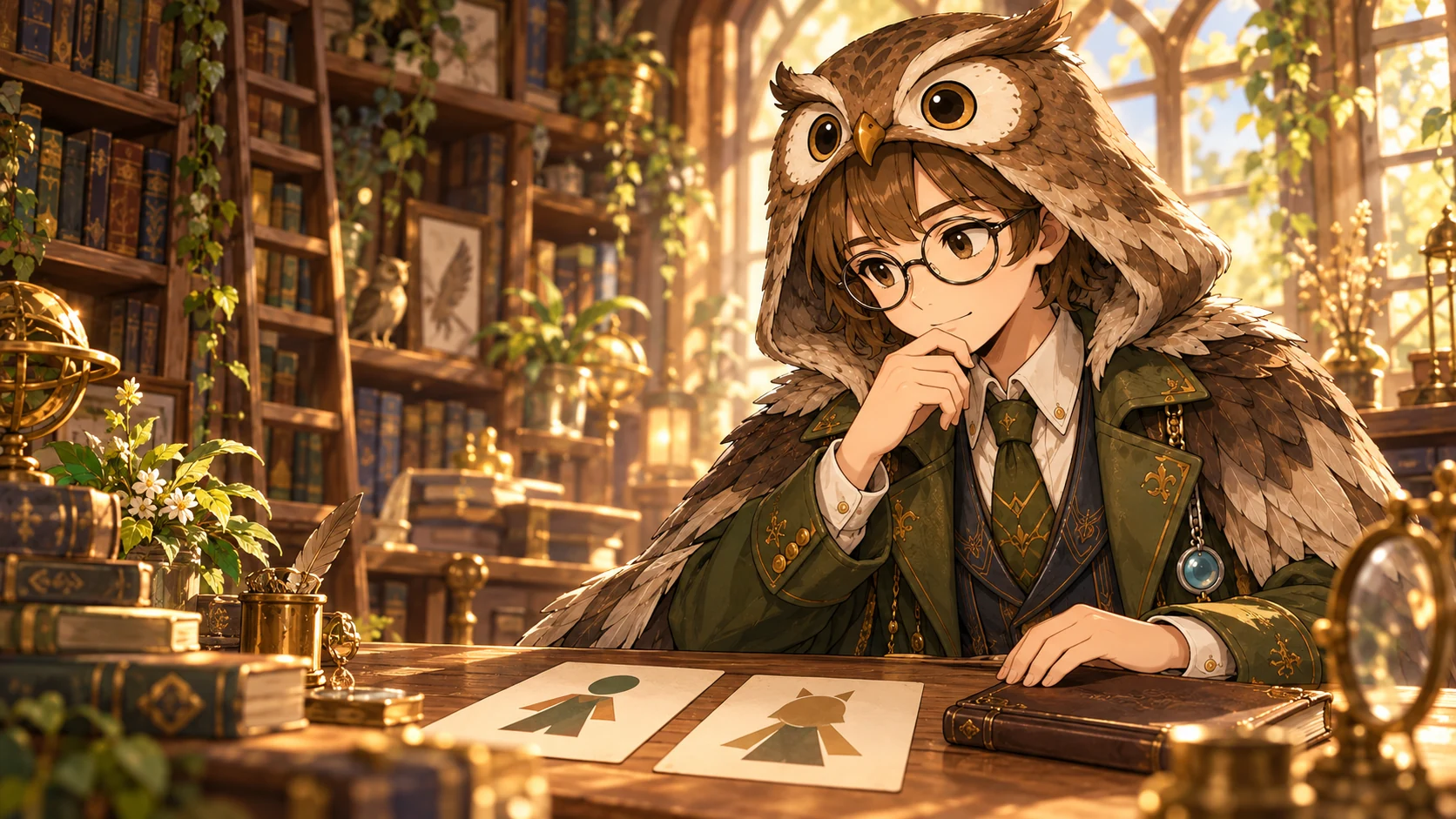 ドクターが書庫の机で二枚の図案とノートを見比べるイラスト