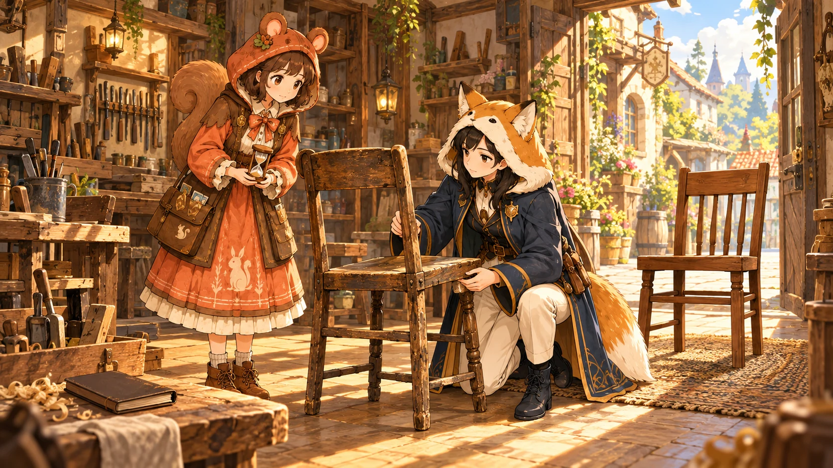 ミアが時間の目安を考える横で、レイが古い木製椅子の状態を確認する架空のイラスト