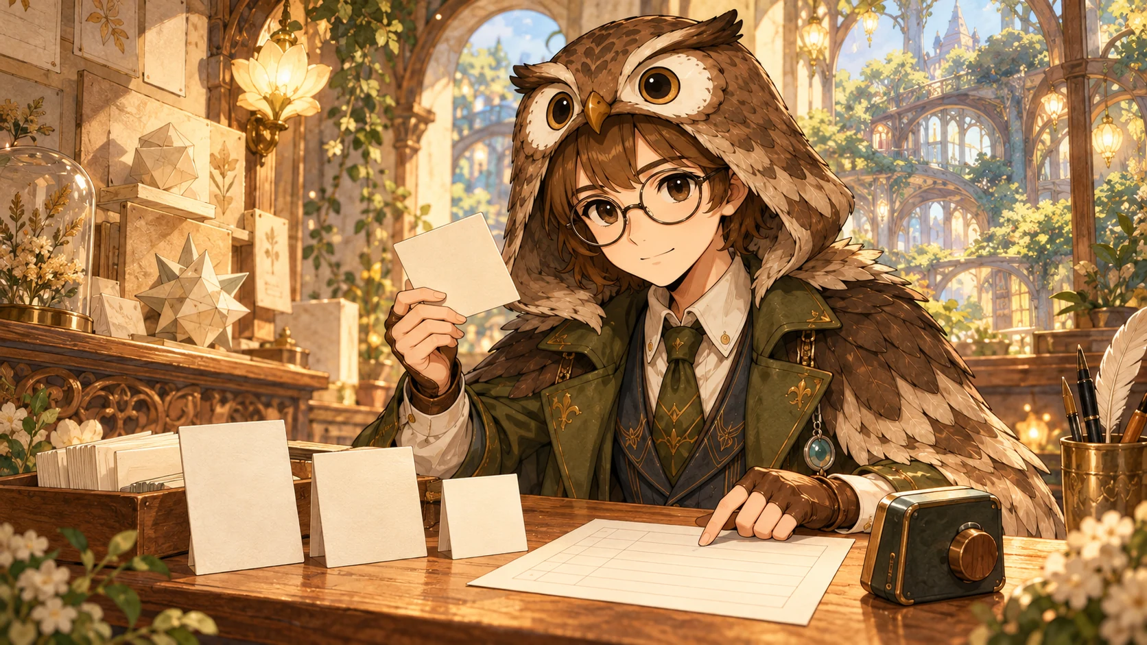 ドクターが、白紙の展示カードと表示を伏せたタイマーのそばで記録用紙を見ている。
