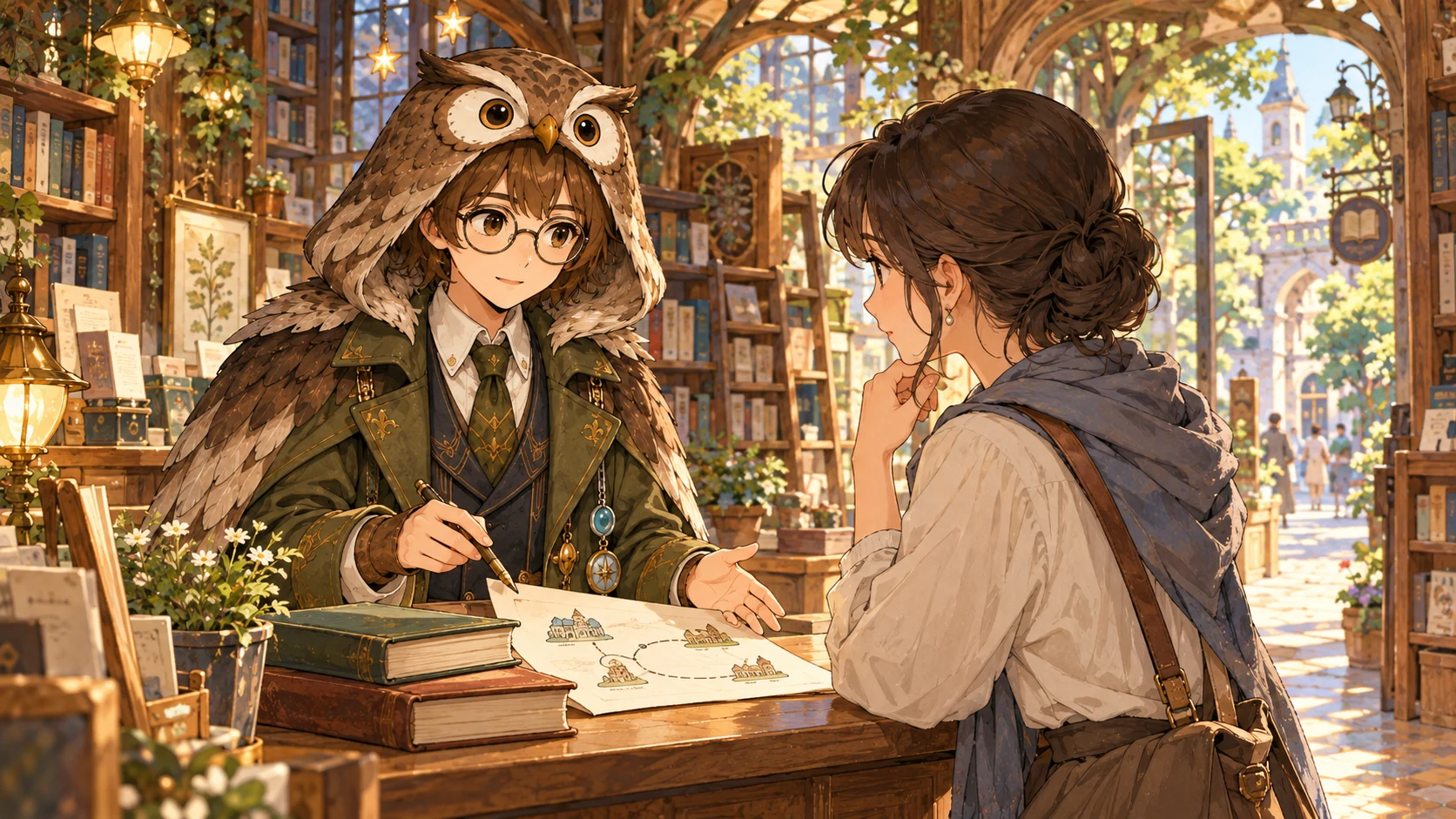 書店でドクターと大人の客が、本と近隣の概略図を見ながら相談している。