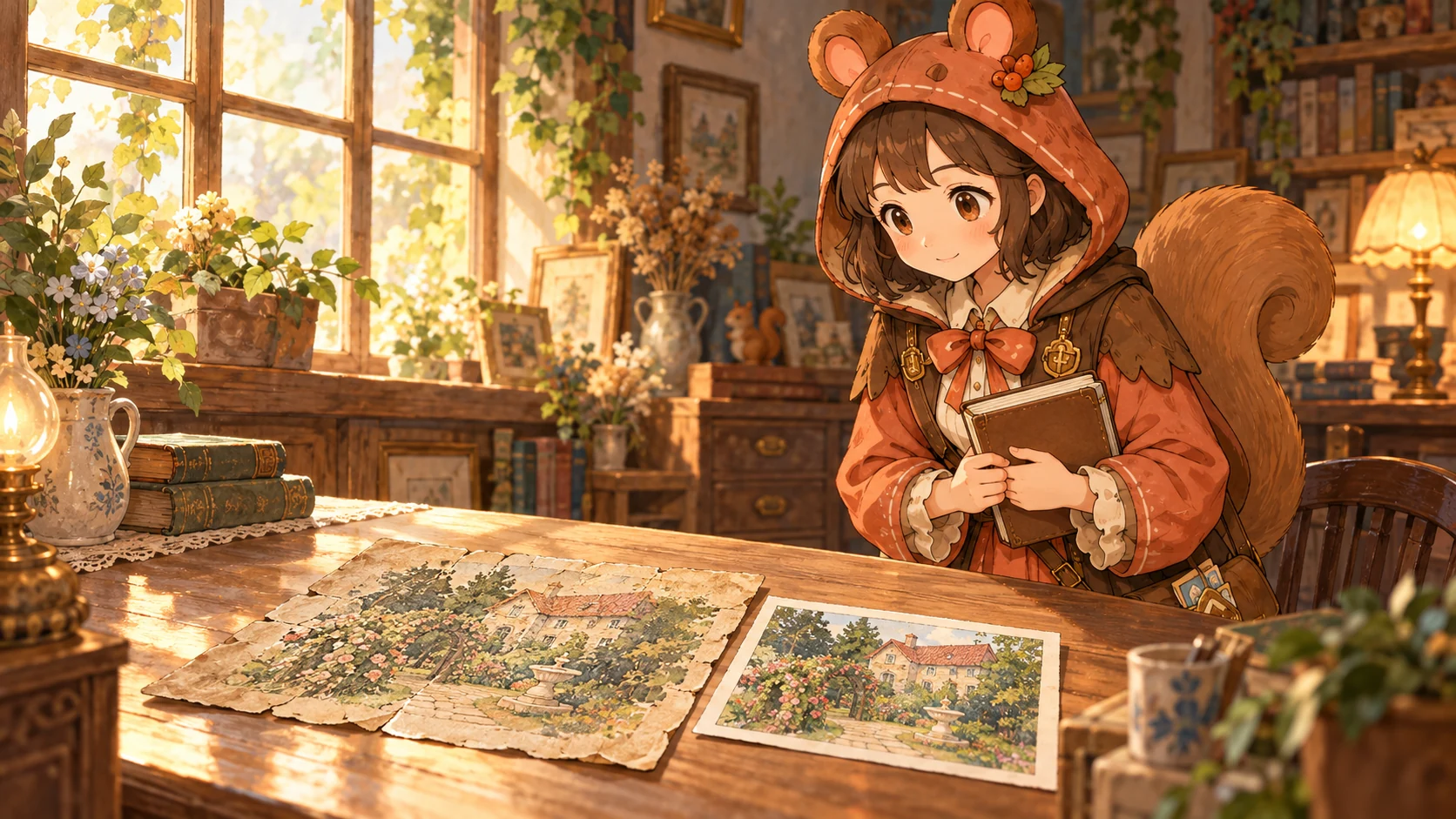 ミアがノートを胸元に抱え、机上の傷んだ庭の絵と別の写真を見比べている。