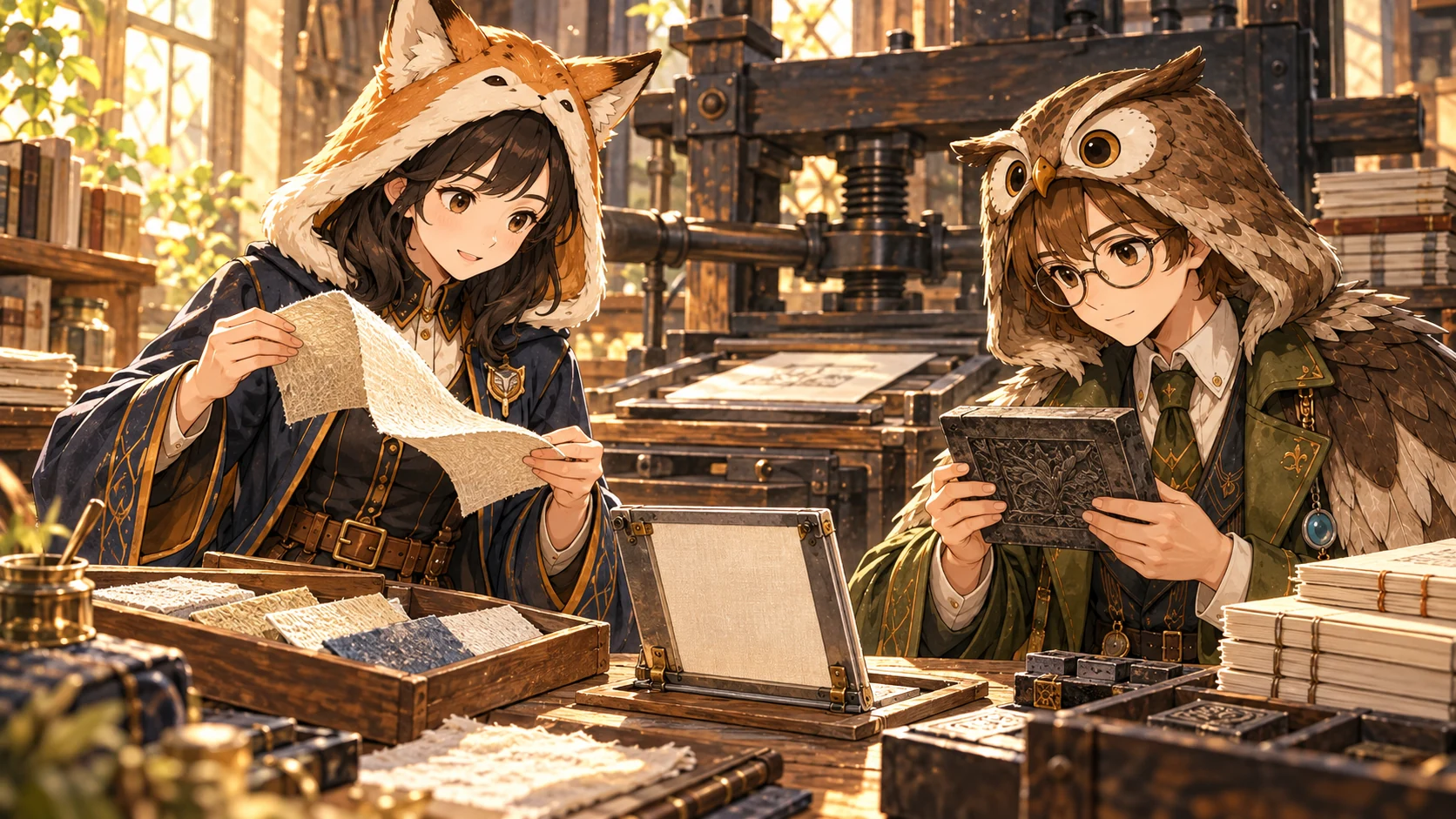 レイとドクターが、印刷機のそばで新しい素材と使い慣れた版を比較する架空のイラスト