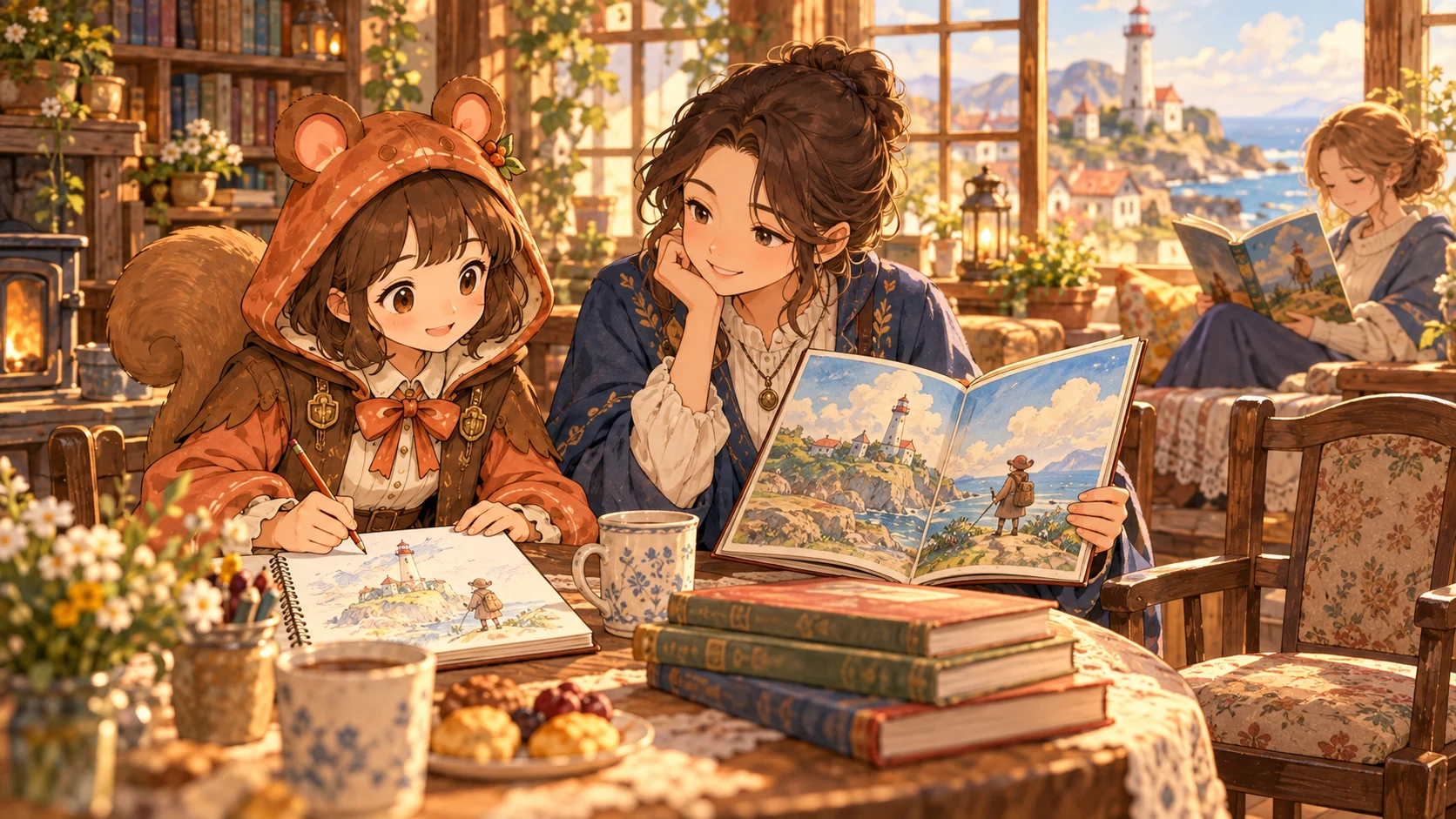 ミアが灯台の絵物語から自分の絵を描き、隣の読者と楽しむ。奥には静かに読む人もいる架空のイラスト