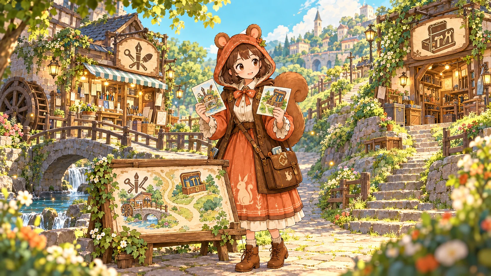 橋の店と丘の店の違いを絵入りカードと地図で確認するミア