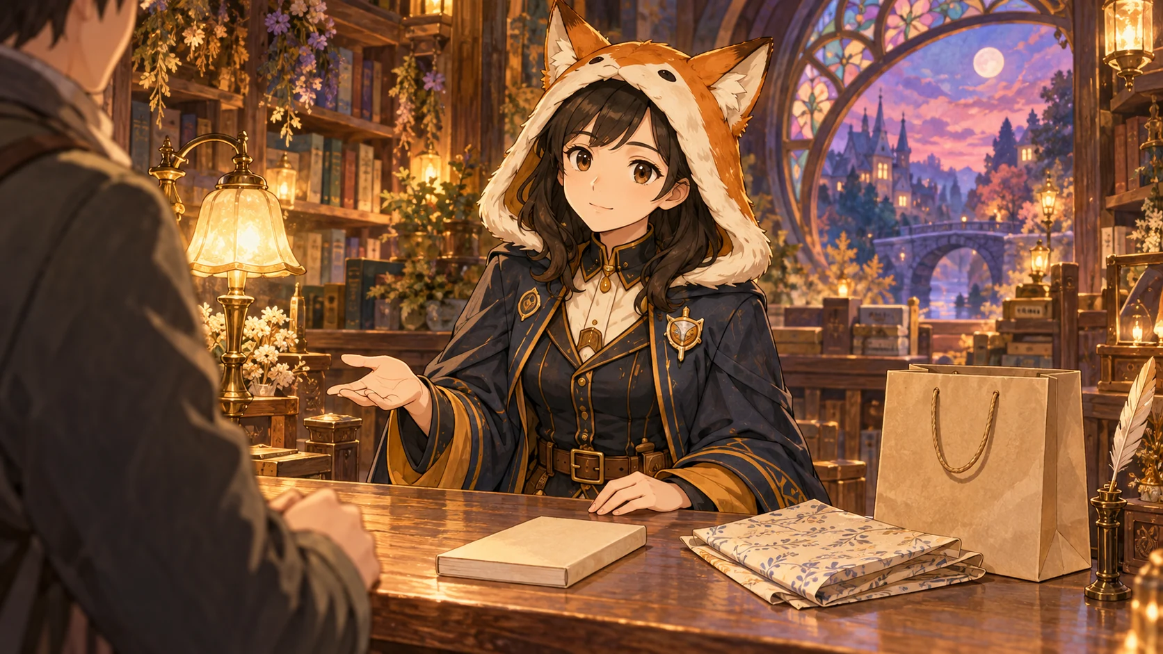 書店のカウンターでレイが、本と包装を前に客の今日の希望を尋ねている。