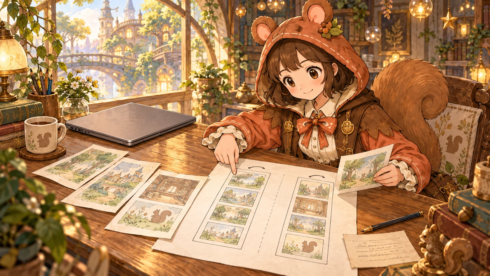 ミアが、元の下書きと紙に並べた二通りのページ順を見比べている。
