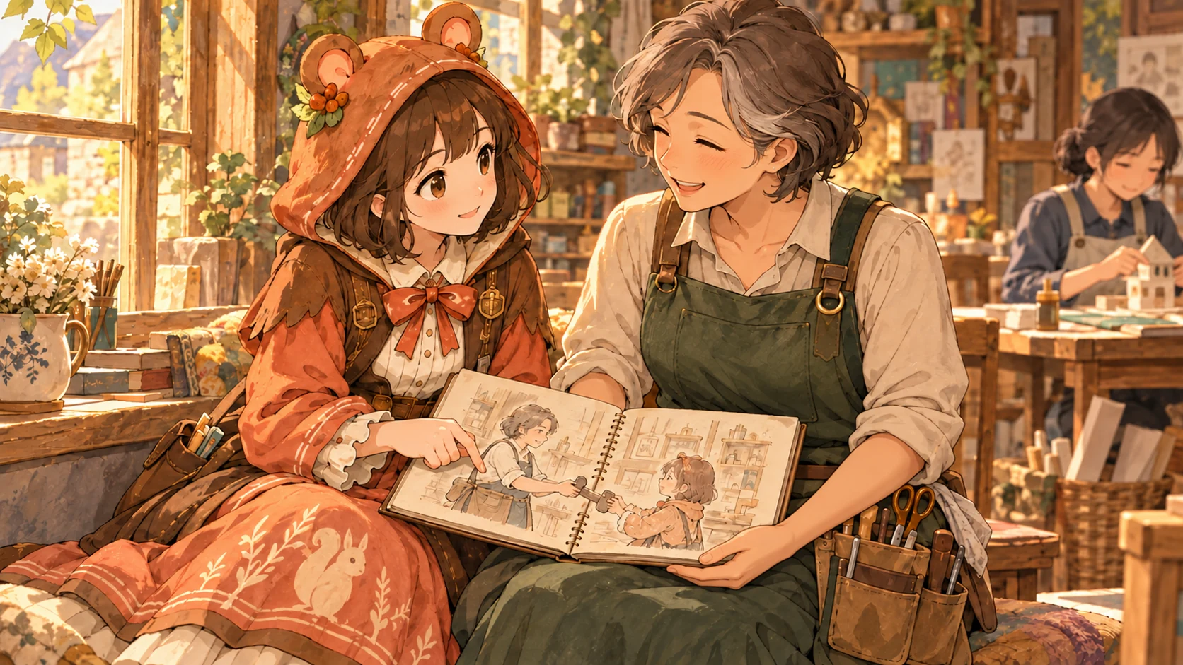 ミアと工房の人が、思い出を描いたスケッチブックを一緒に見返すイラスト