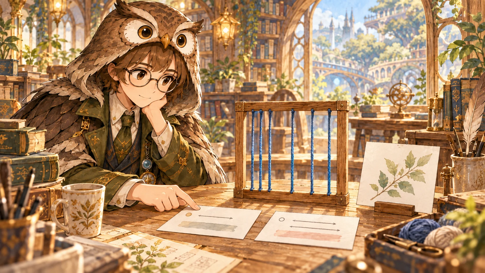 ドクターが六本のひもを張った木枠と比較用のカードを眺めるイラスト