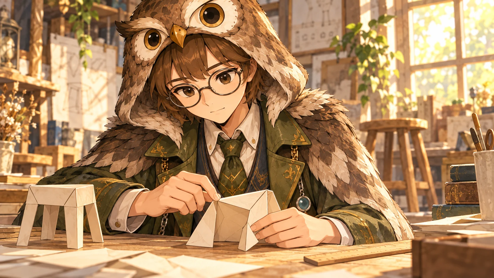 ドクターが完成見本と紙の模型を比べ、折り目のずれを確かめる架空のイラスト
