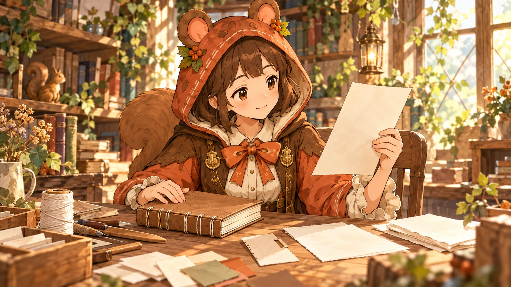 丈夫な冊子と一枚の案内紙を見比べ、用途に合う形を考えるミア