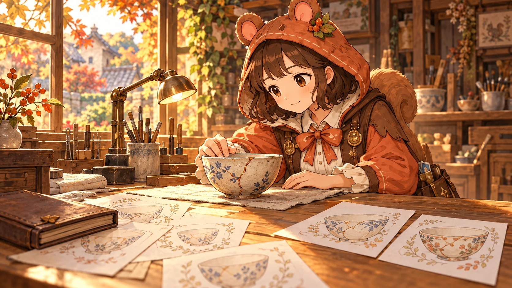 ミアが複数の図案を前に、修繕した器の実物を確かめている架空のイラスト