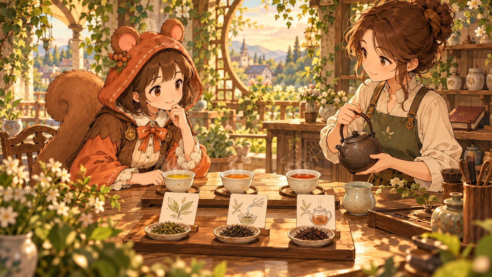 三種類のお茶を前に、試飲といれ方の説明を受けるミア