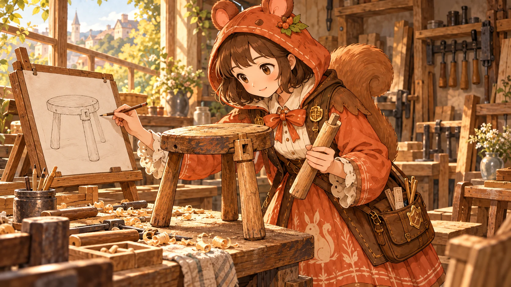 ミアが修理できる木製スツールと交換部品を見ながら、その構造を絵にして伝える架空のイラスト