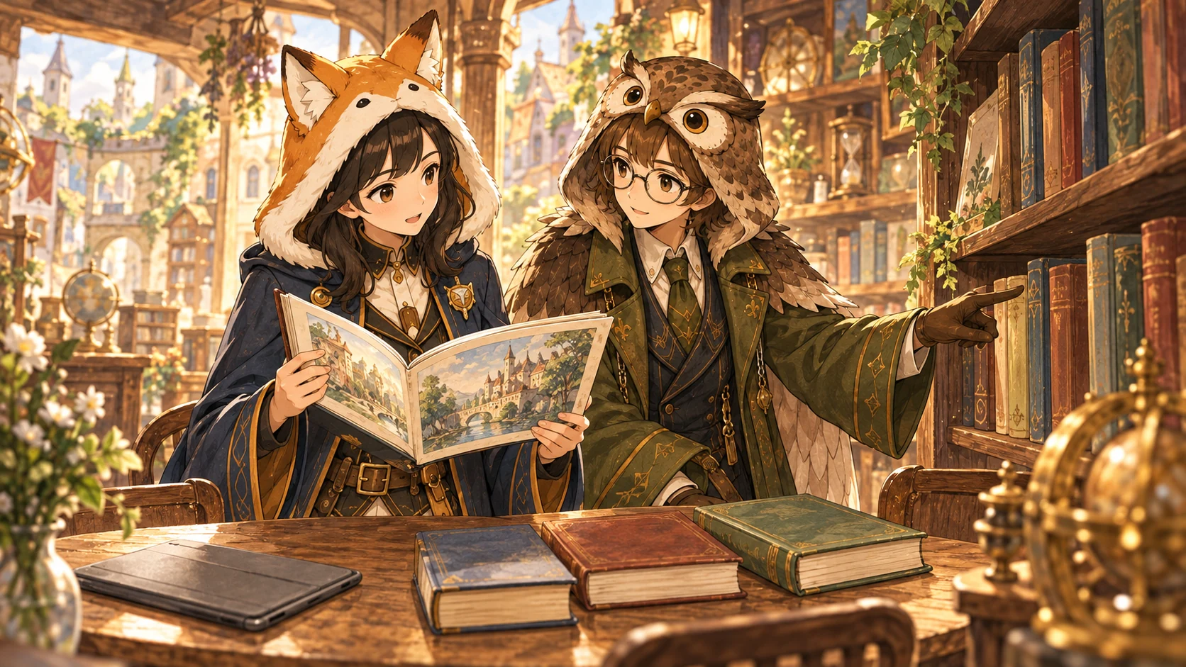 レイとドクターが本屋で本を開き、閉じた端末のそばで別の候補も探す架空のイラスト