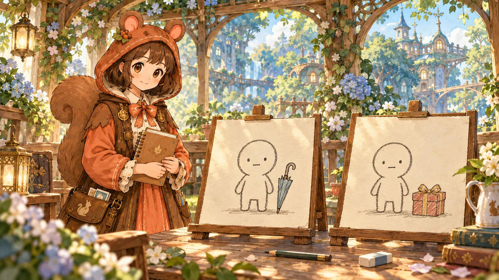 庭の制作スペースでミアが、同じ顔の人物と傘または贈り物を描いた二枚の絵を見比べている。