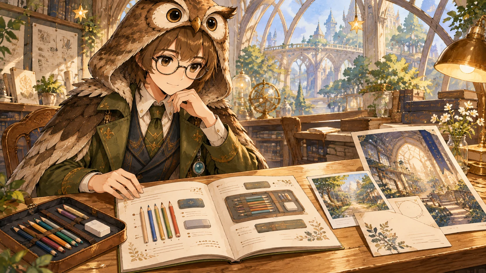ドクターが画材と説明冊子を見比べるイラスト