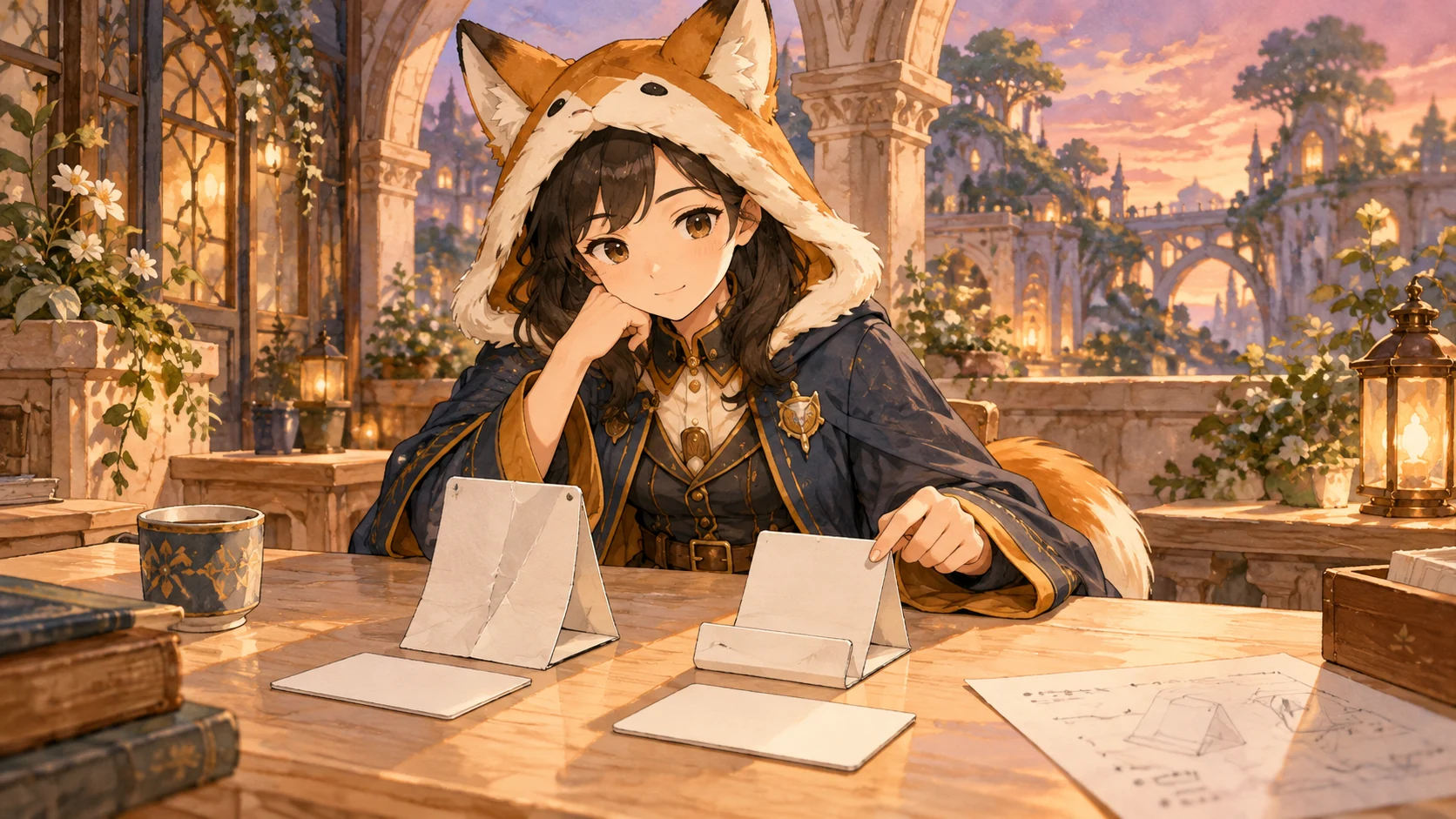 レイが、折り跡の残る紙の台と前縁を低くした別の試作を見比べている。