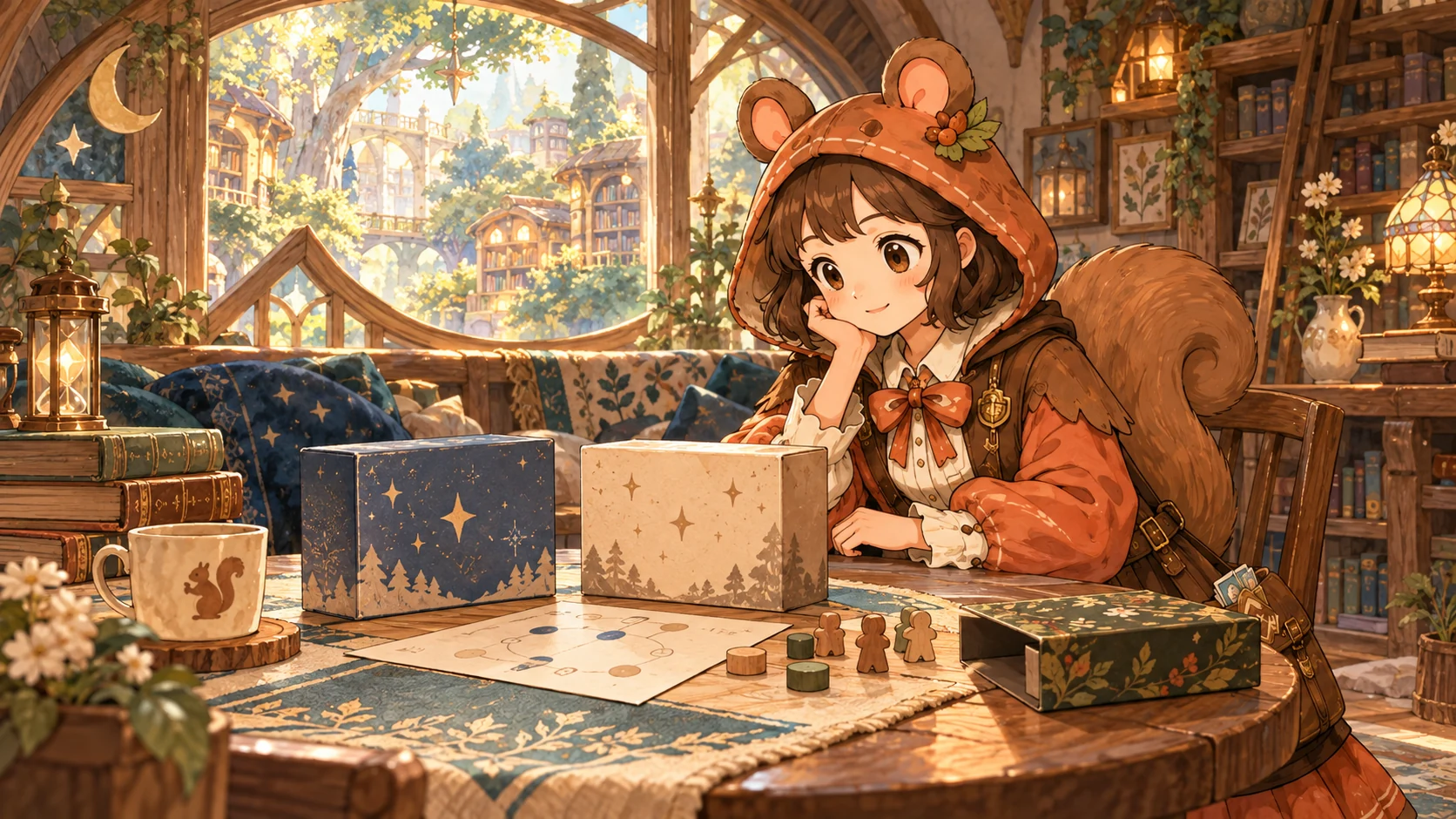ミアが、似た星柄の箱と駒の配置図を見比べ、追加の飾りを脇に置いて考えている。