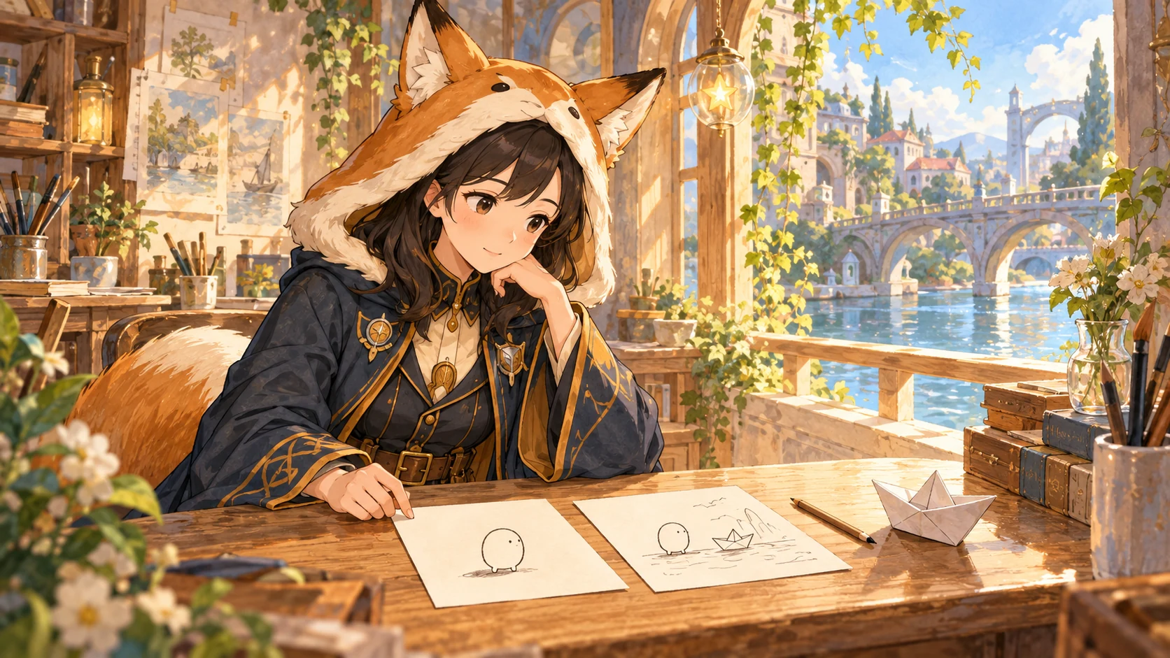 レイが紙の舟の横で、豆形のキャラクターと場面の描き方を見比べている。