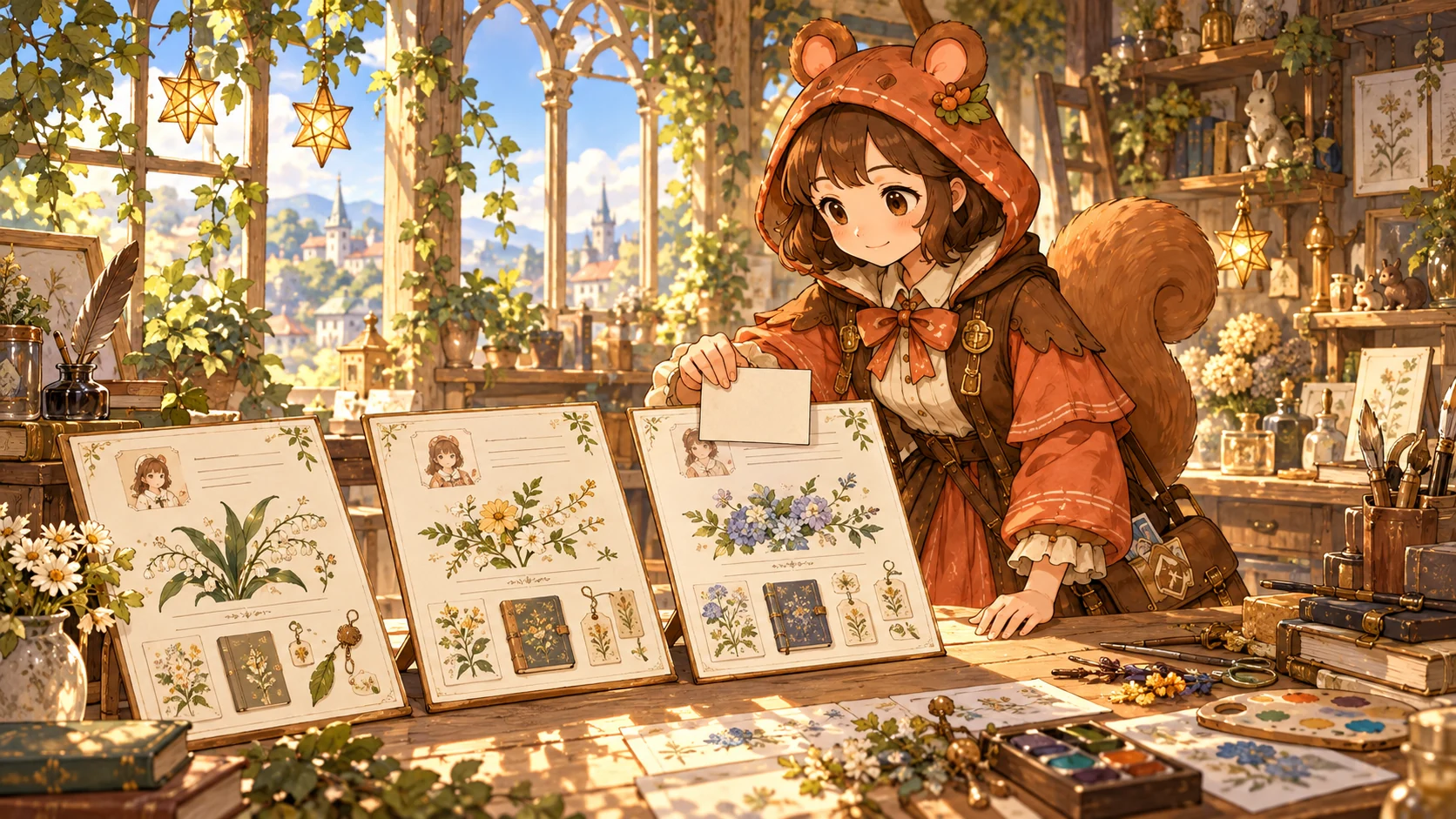 植物画の制作案内に紙を重ね、紹介と提供内容を比較するミア