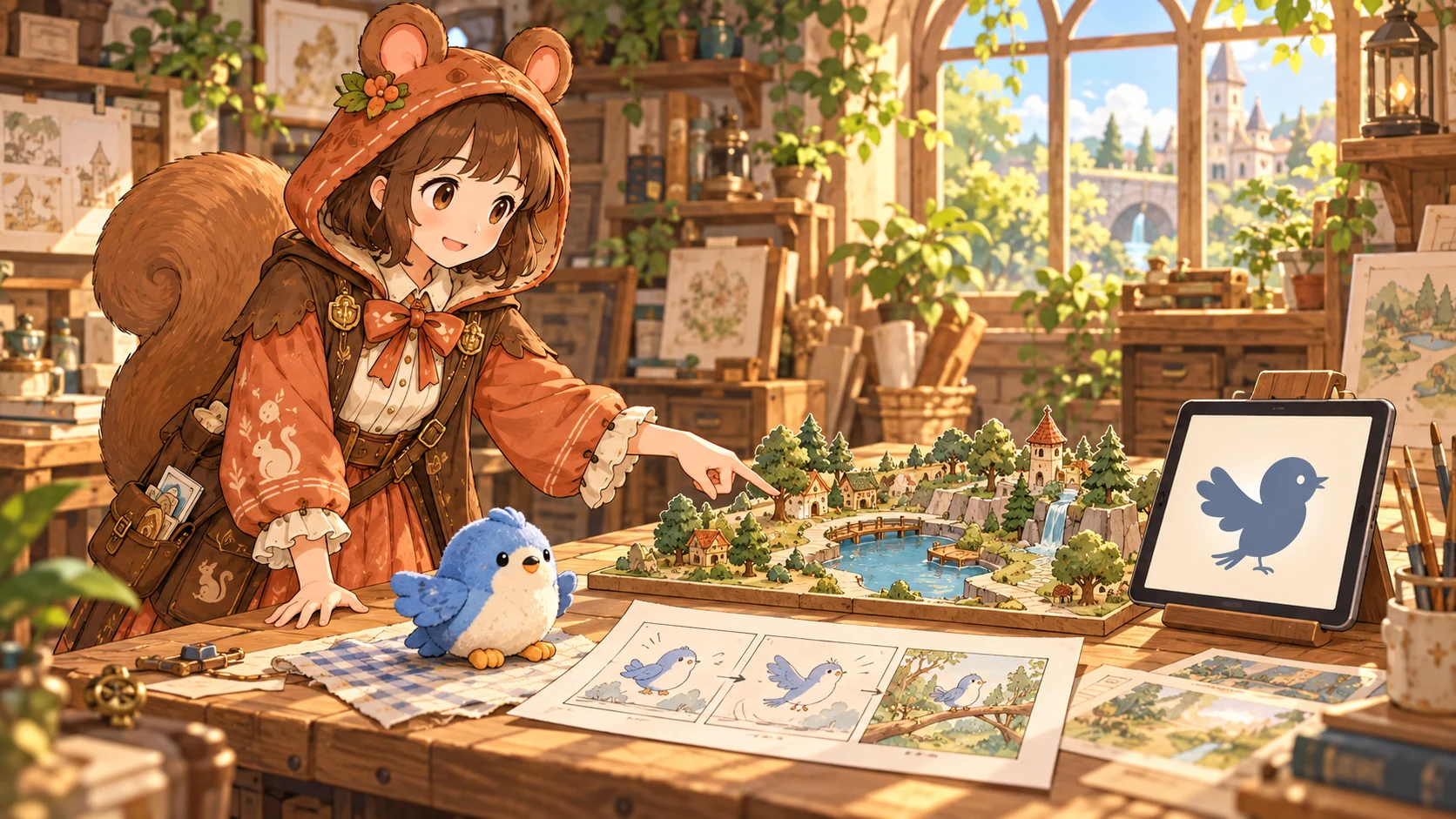 ミアが小鳥のぬいぐるみ、絵コンテ、模型、画面を見比べるイラスト