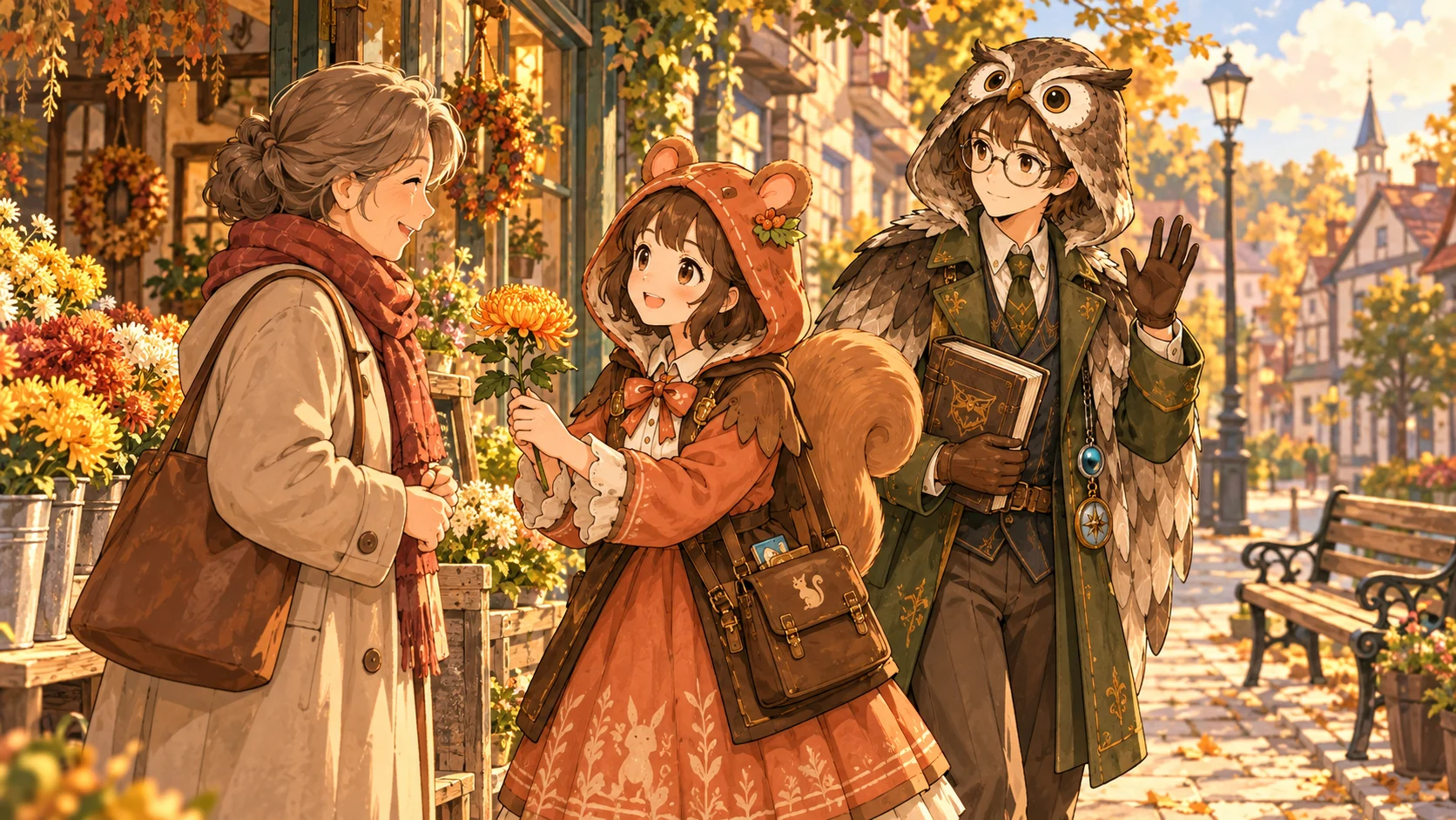 花屋の軒先でミアが季節の花を見せ、ドクターと近所の人が普段の挨拶を交わす架空のイラスト
