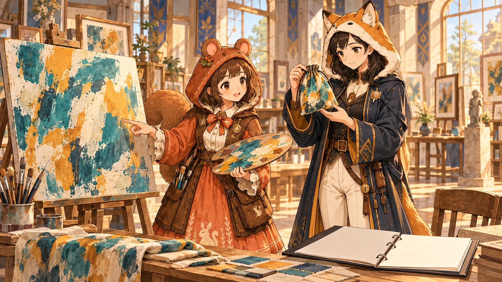 ミアとレイが、架空の抽象画と同じ柄の布小物を比較し、作品の使い方を考えるイラスト