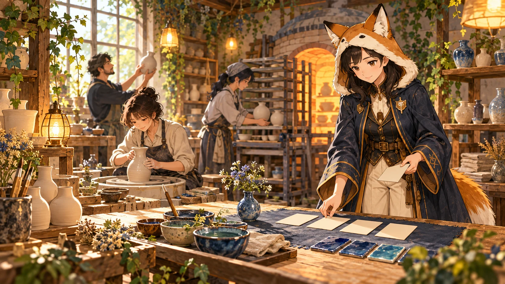 一輪挿しの制作を担う陶工たちと、役割のカードを整理するレイ