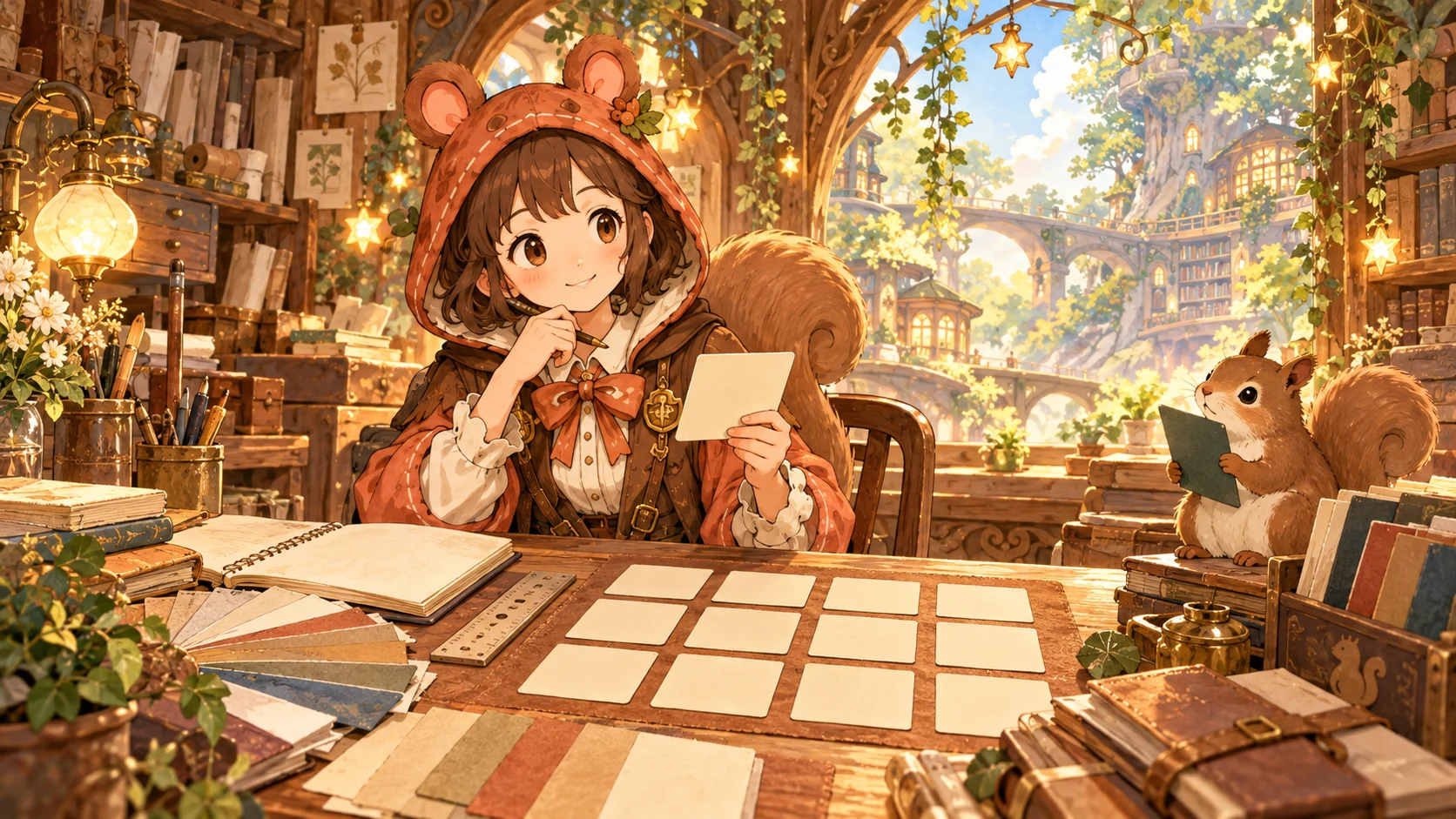 手帳工房で十二枚のカードと紙見本を見比べるミア