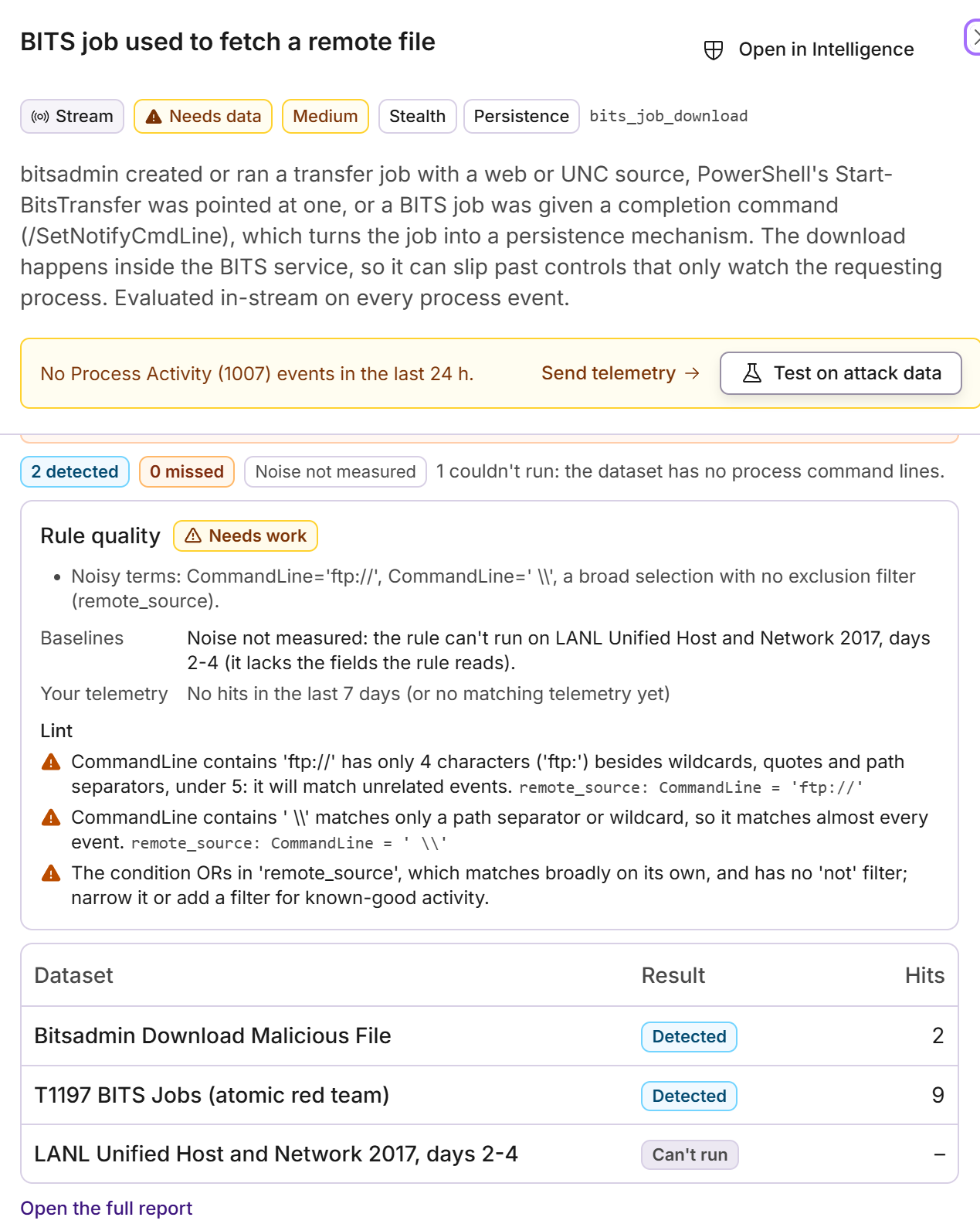 A watcher's Test on attack data result: 2 recordings detected, 1 can't run, with the rule-quality verdict and lint findings