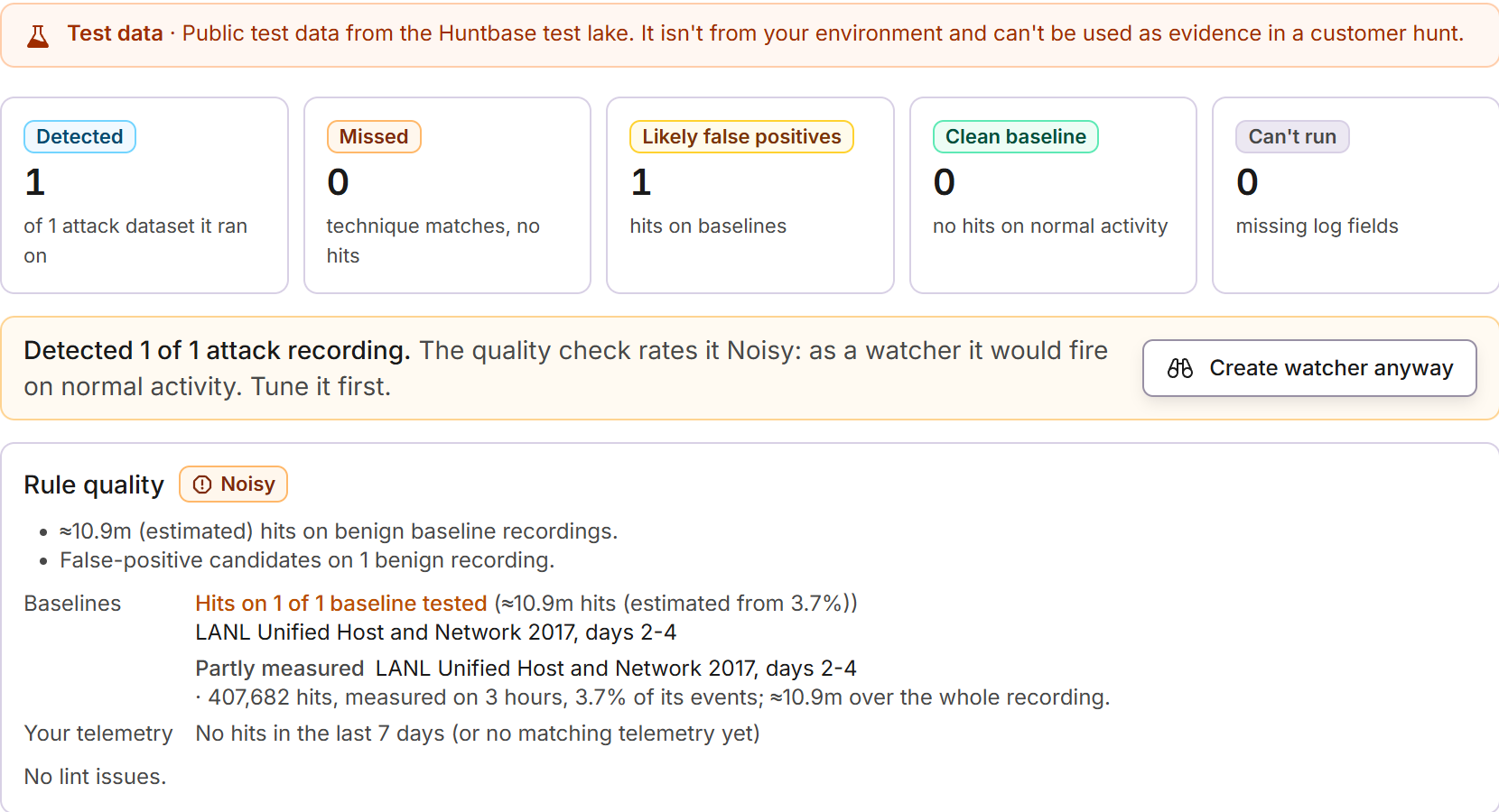 The detection test report: detected 1 of 1 attack recording, rated Noisy at about 10.9 million estimated baseline hits