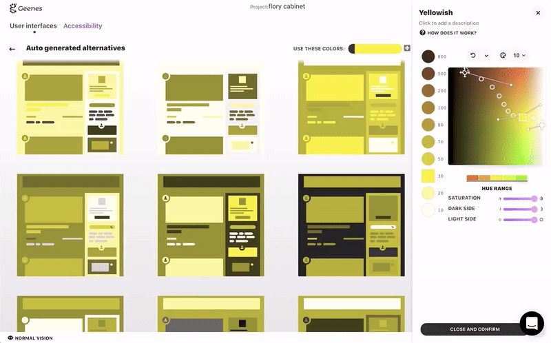 An animated image with the interface of geenes.app. The colour selection changes in real-time all the mock-ups with the colour variations