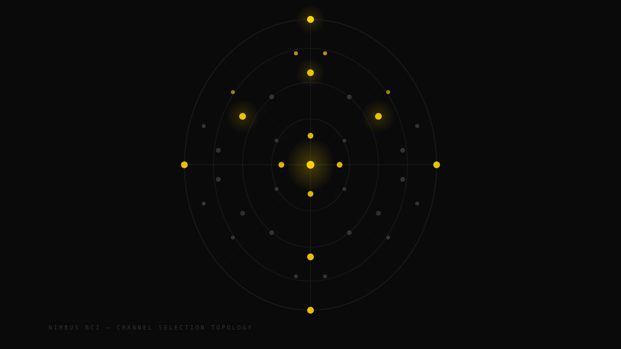 EEG topography showing selected high-information channels (gold) versus low-contribution channels (dark) across the scalp.