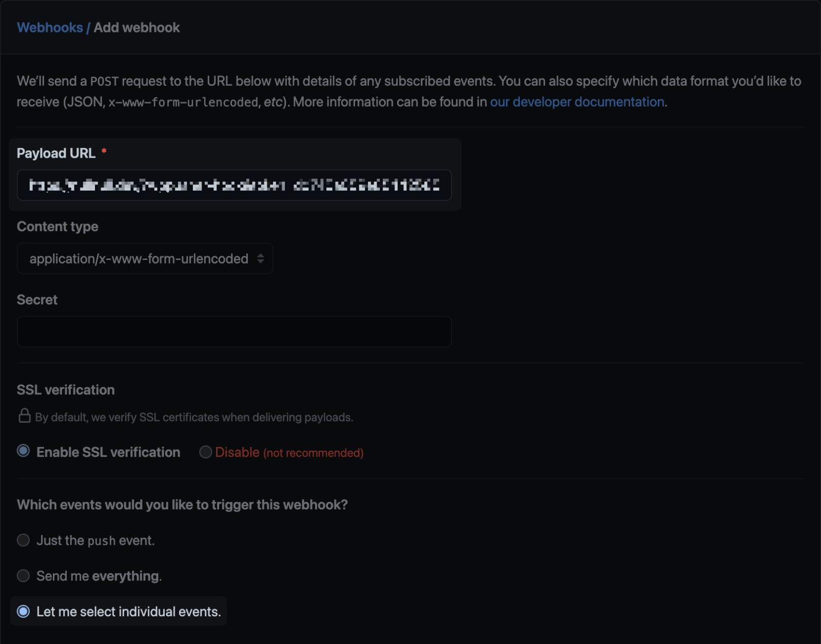 GitHub webhook追加画面
