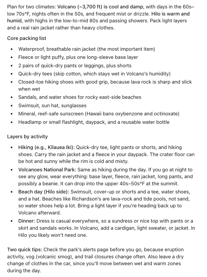 Attached is the list that Claude provided to me. Not only did this list make it incredibly easy to figure out what items I should add to my suitcase, but it also kept me from overpacking unnecessary items. This was one of the few trips where I wore almost everything I packed and didn’t find myself missing an item that would have made my trip more comfortable.