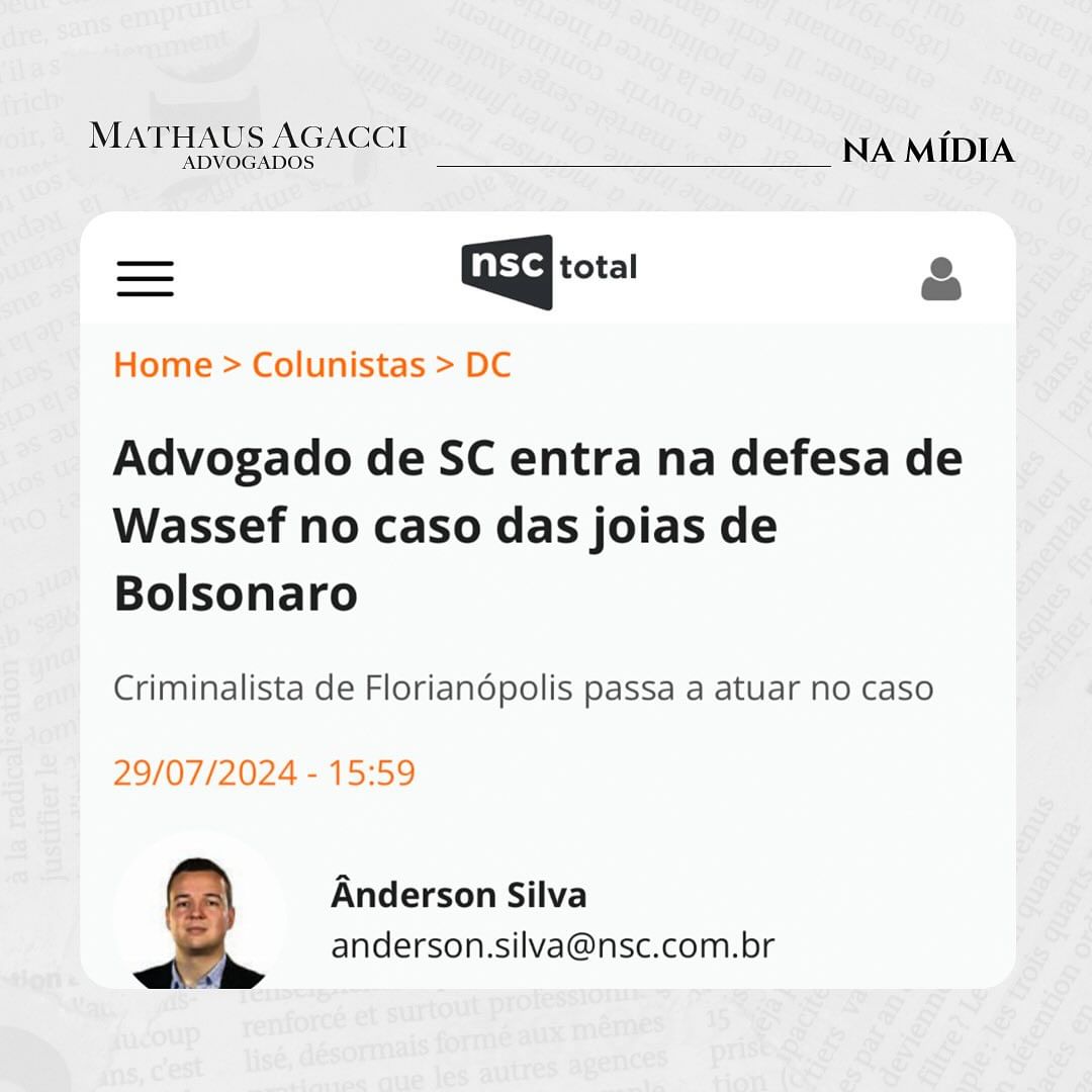 Destaque no jornal NSC acerca da combativa atuação do sócio fundador do escritório, Dr. Mathaus Agacci…