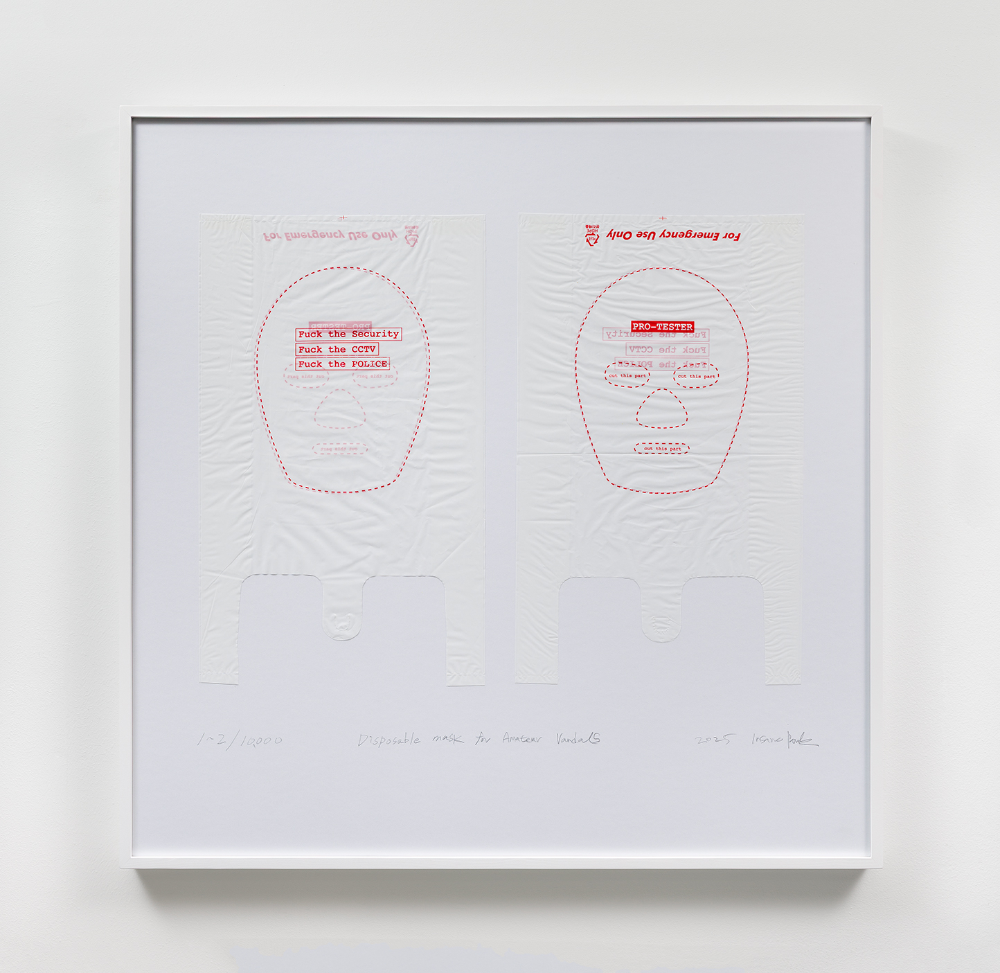 Disposable Mask for Amateur Vandals, 2025, Print on plastic bag, framed, 75 × 75 cm