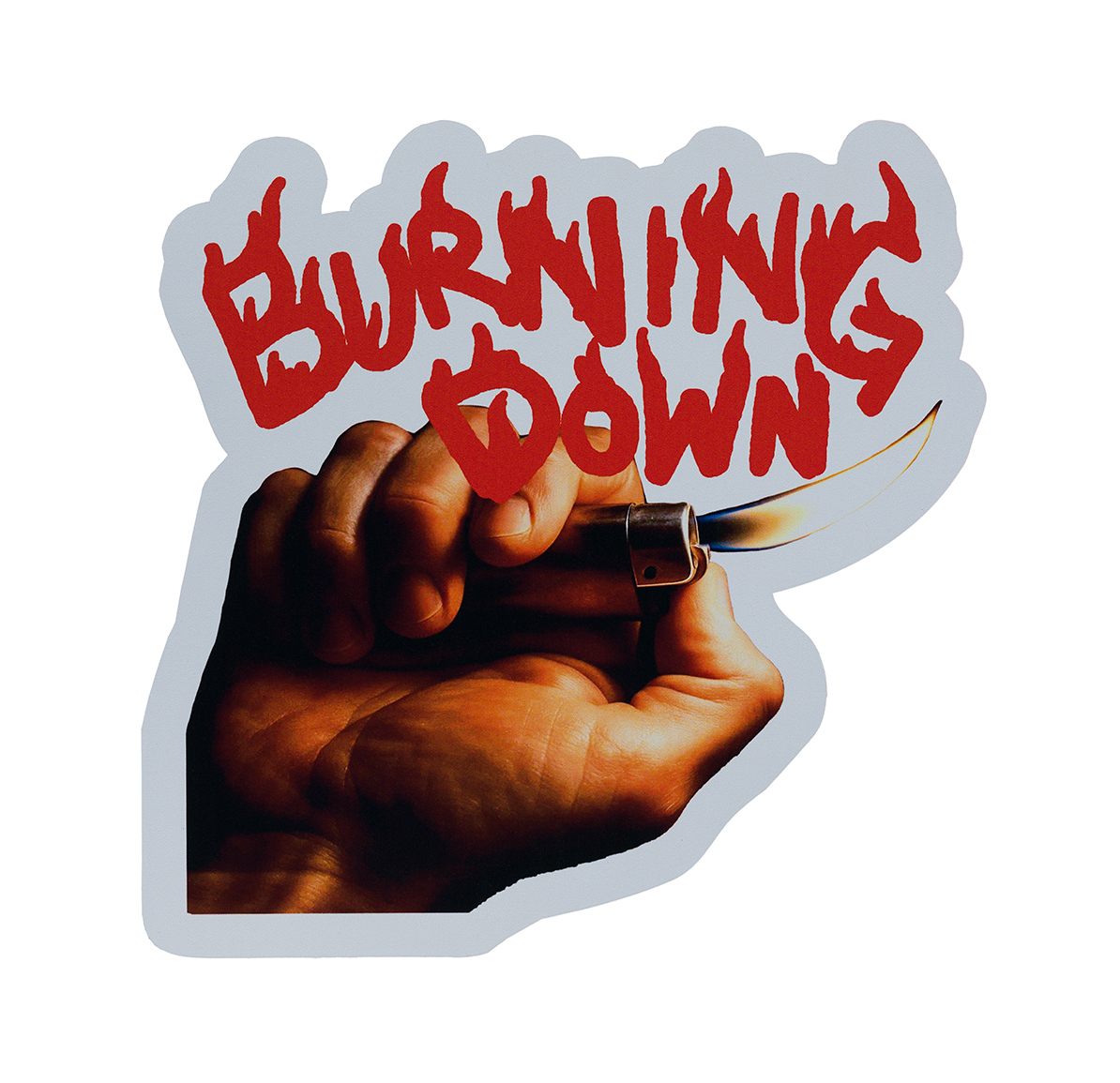 Burning Down, 2025, UV print on stainless steel, 30 × 25 cm