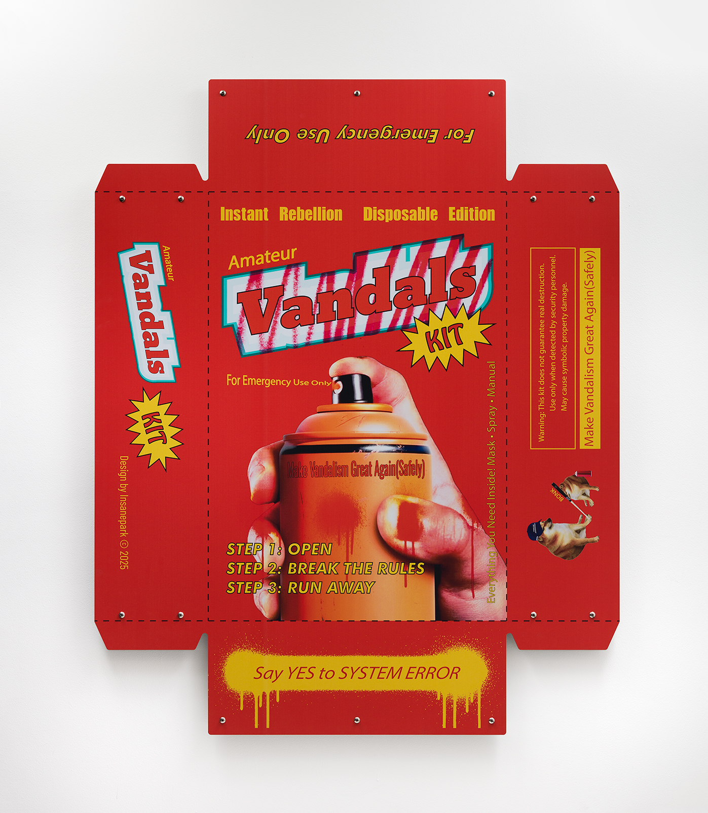 Amateur Vandal Kit, 2025, UV print on stainless steel, 150 × 120 cm