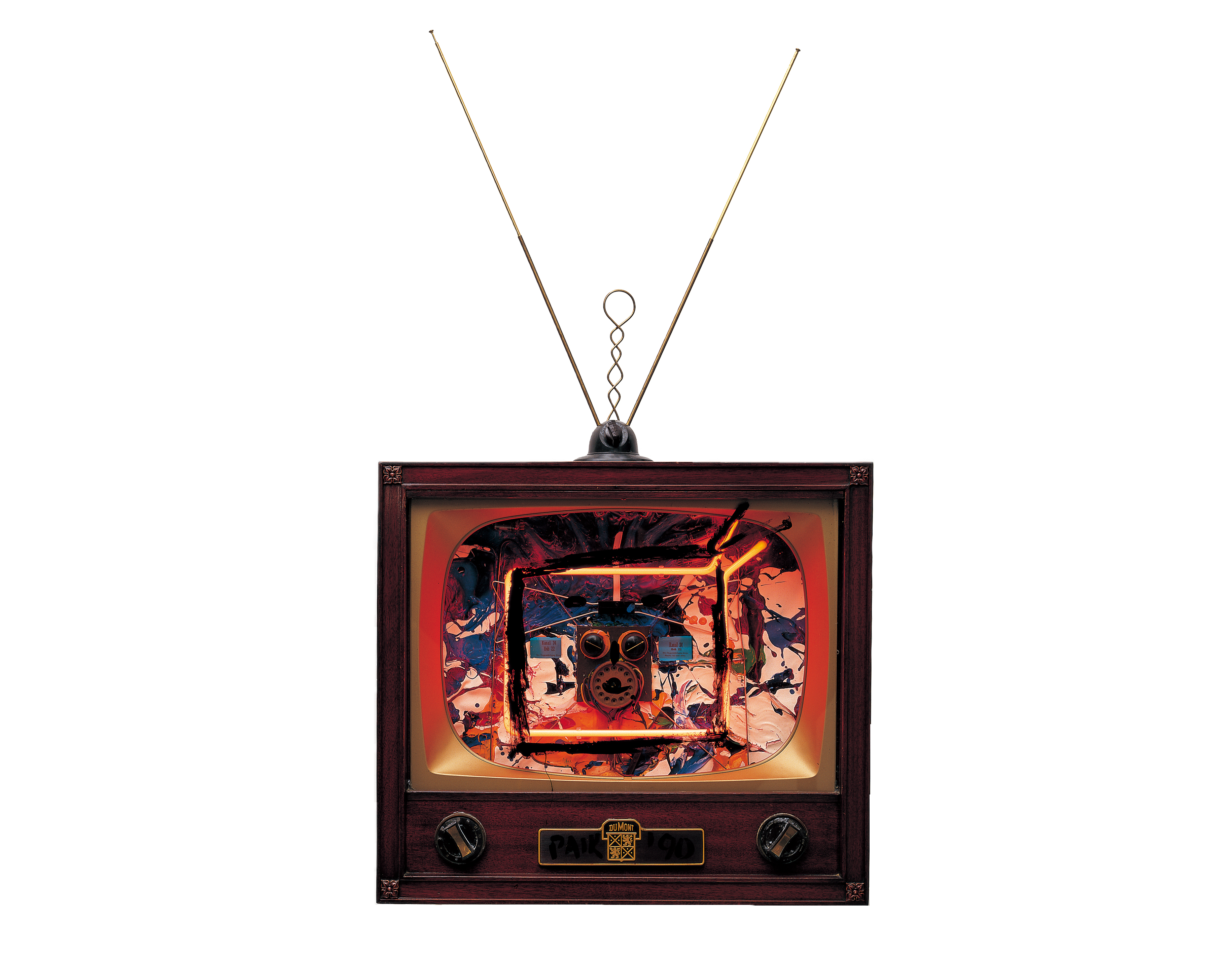 ‹네온 TV – 버튼›, 1990, 혼합 매체 (TV 모니터, 네온, 워치맨), 58 × 64 × 25 cm