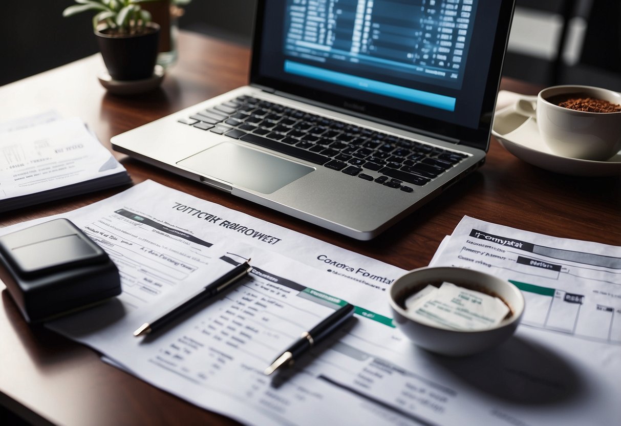 Un bureau composé d’un ordinateur portable, des documents papiers et deux stylos