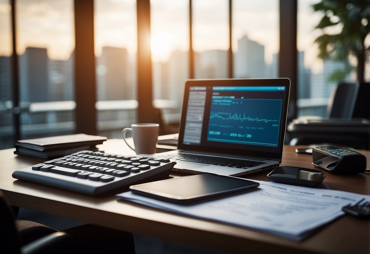 Un bureau avec un ordinateur, une tablette et des documents, devant une fenêtre