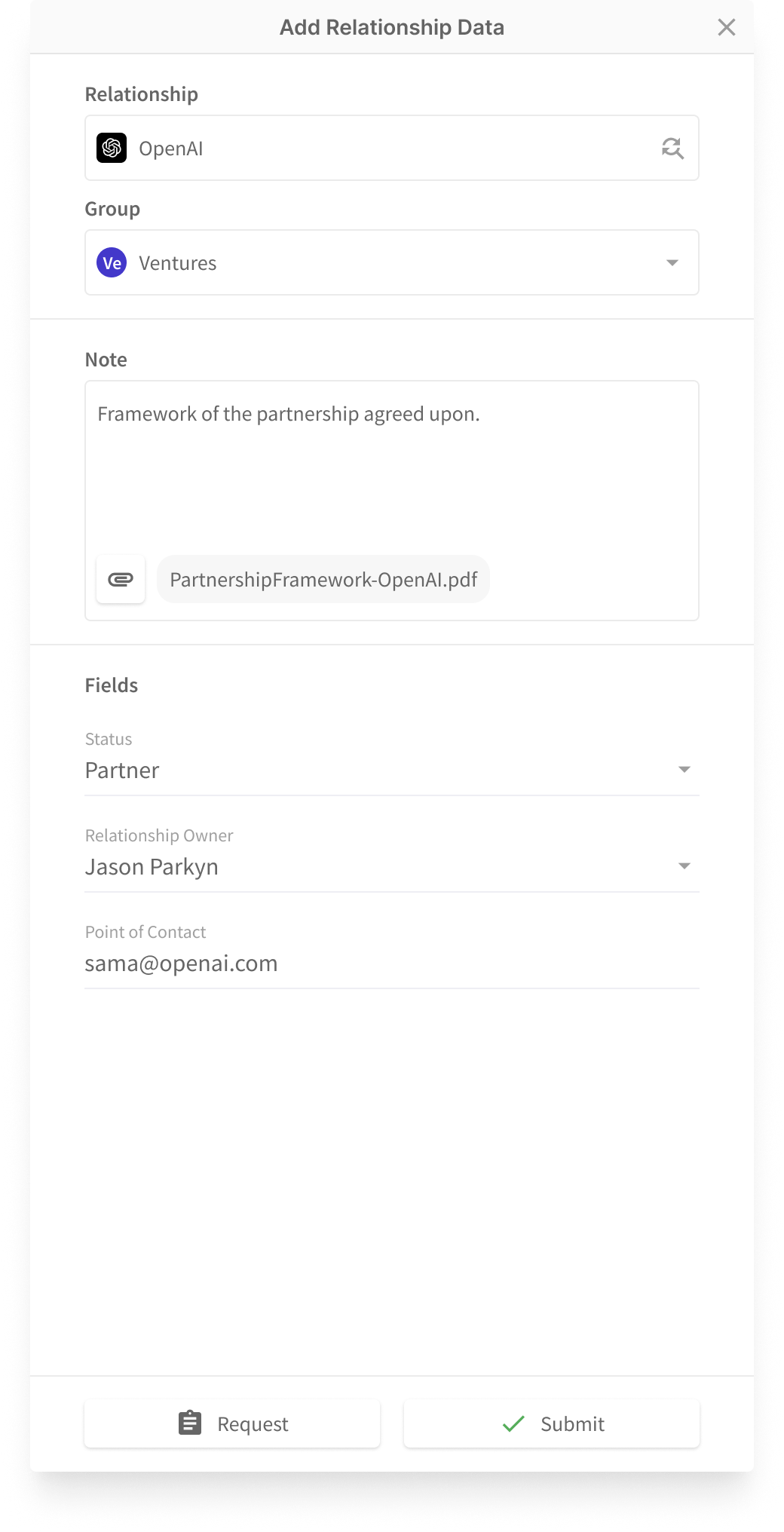 The Add Data button lets you add your own layer of data to any relationship and notify all of its stakeholders automatically.